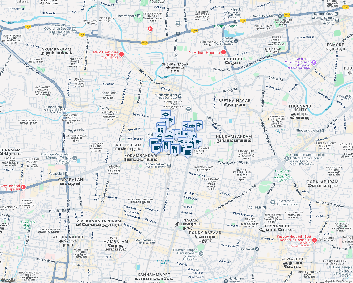 map of restaurants, bars, coffee shops, grocery stores, and more near Madhavan Nair Road in Chennai
