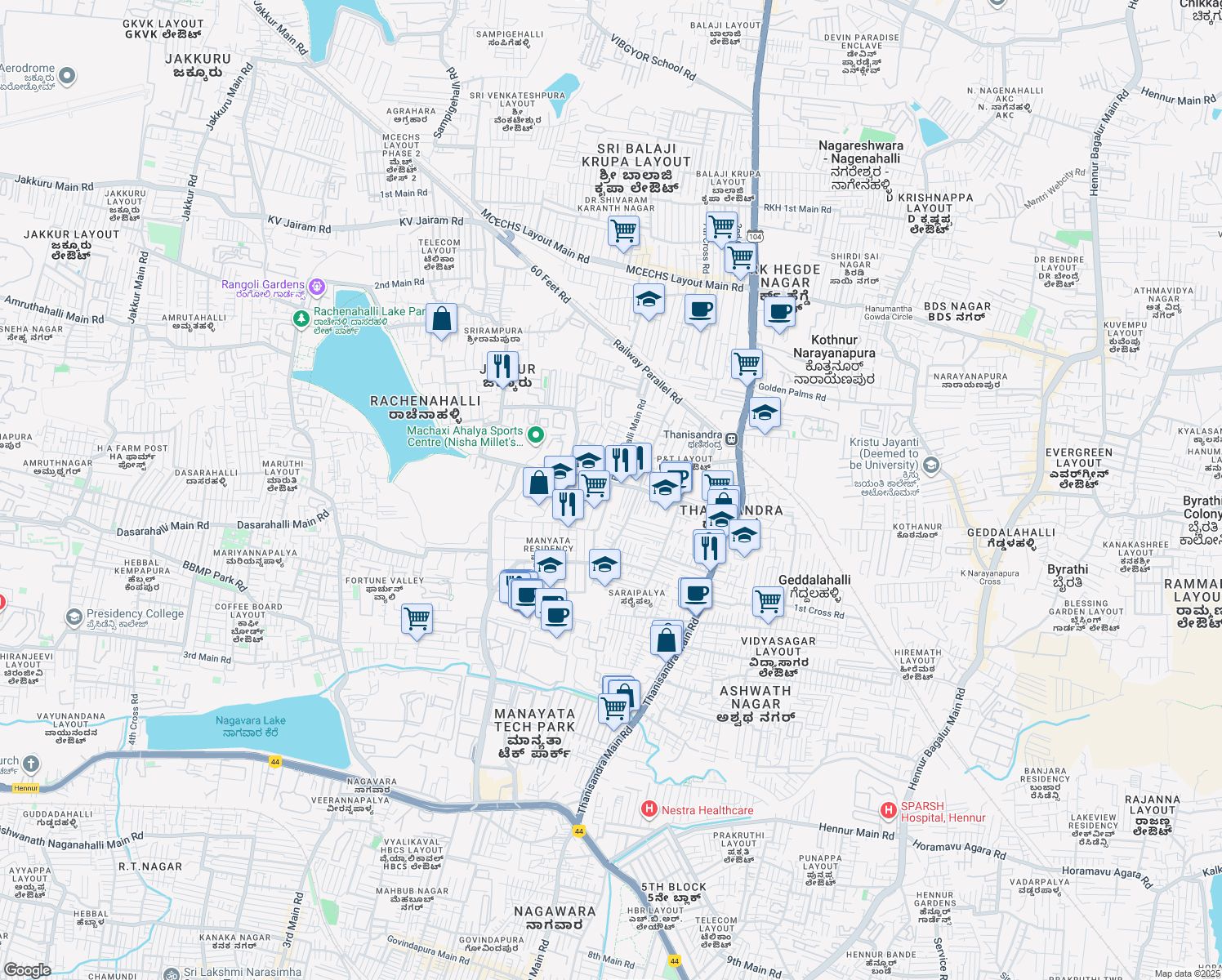 map of restaurants, bars, coffee shops, grocery stores, and more near Rachenahalli Main Road in Bengaluru