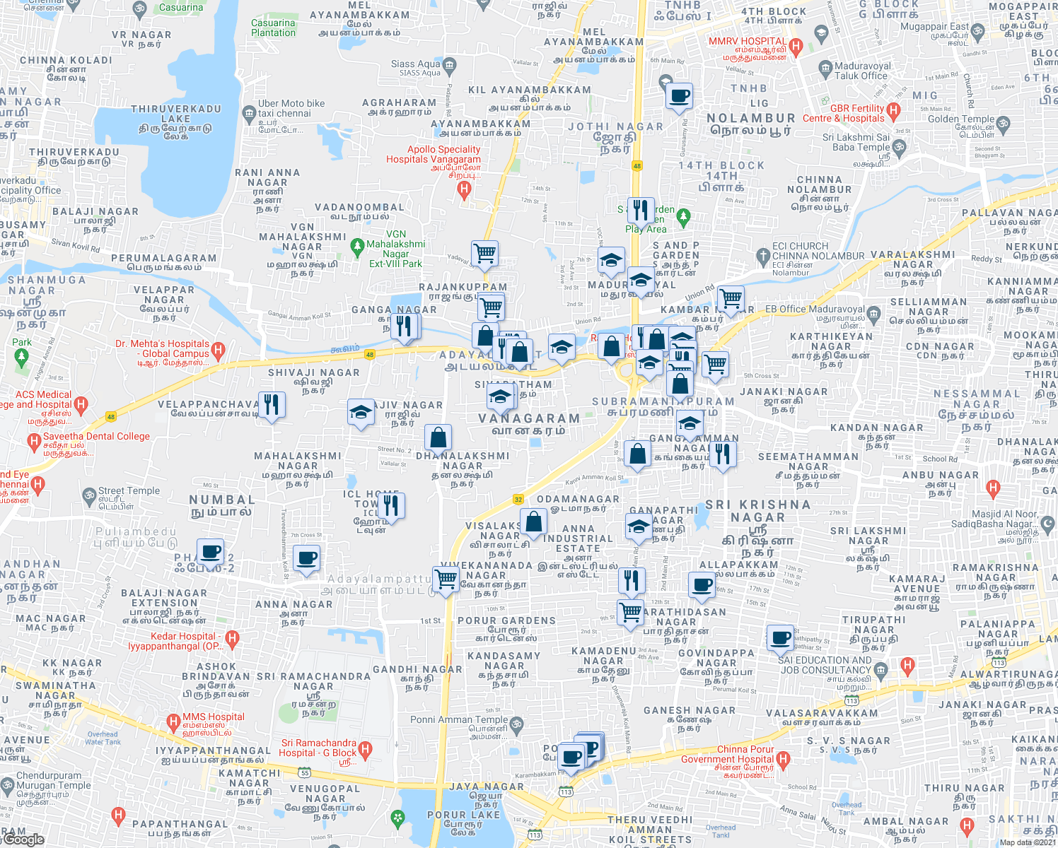 map of restaurants, bars, coffee shops, grocery stores, and more near in Chennai