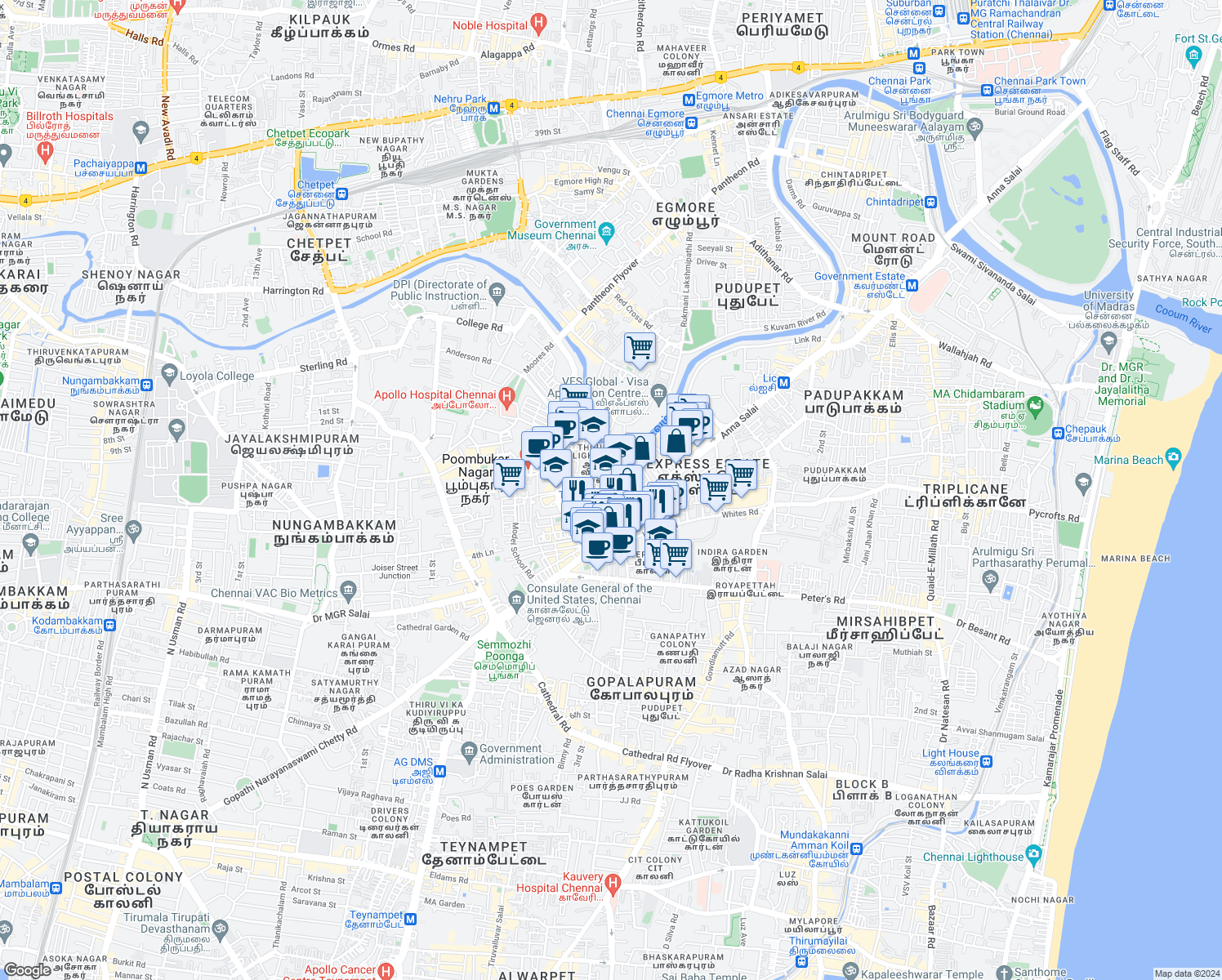map of restaurants, bars, coffee shops, grocery stores, and more near Rangoon Street in Chennai
