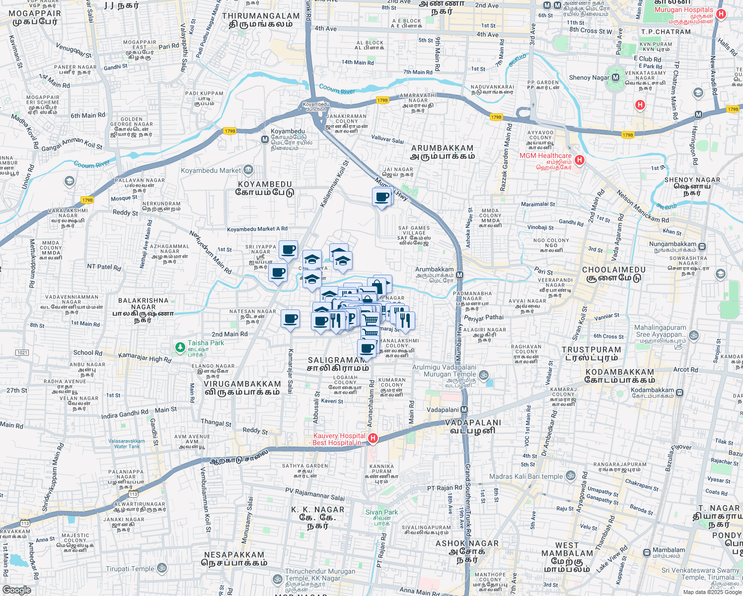 map of restaurants, bars, coffee shops, grocery stores, and more near Veeramamunivar Street in Chennai