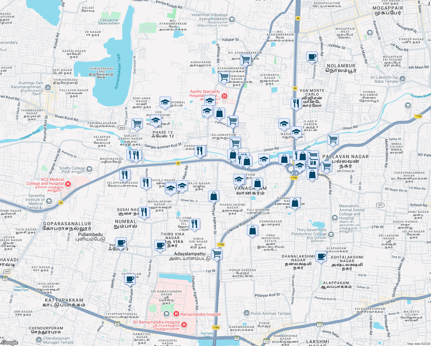 map of restaurants, bars, coffee shops, grocery stores, and more near Poonamallee High Road in Chennai