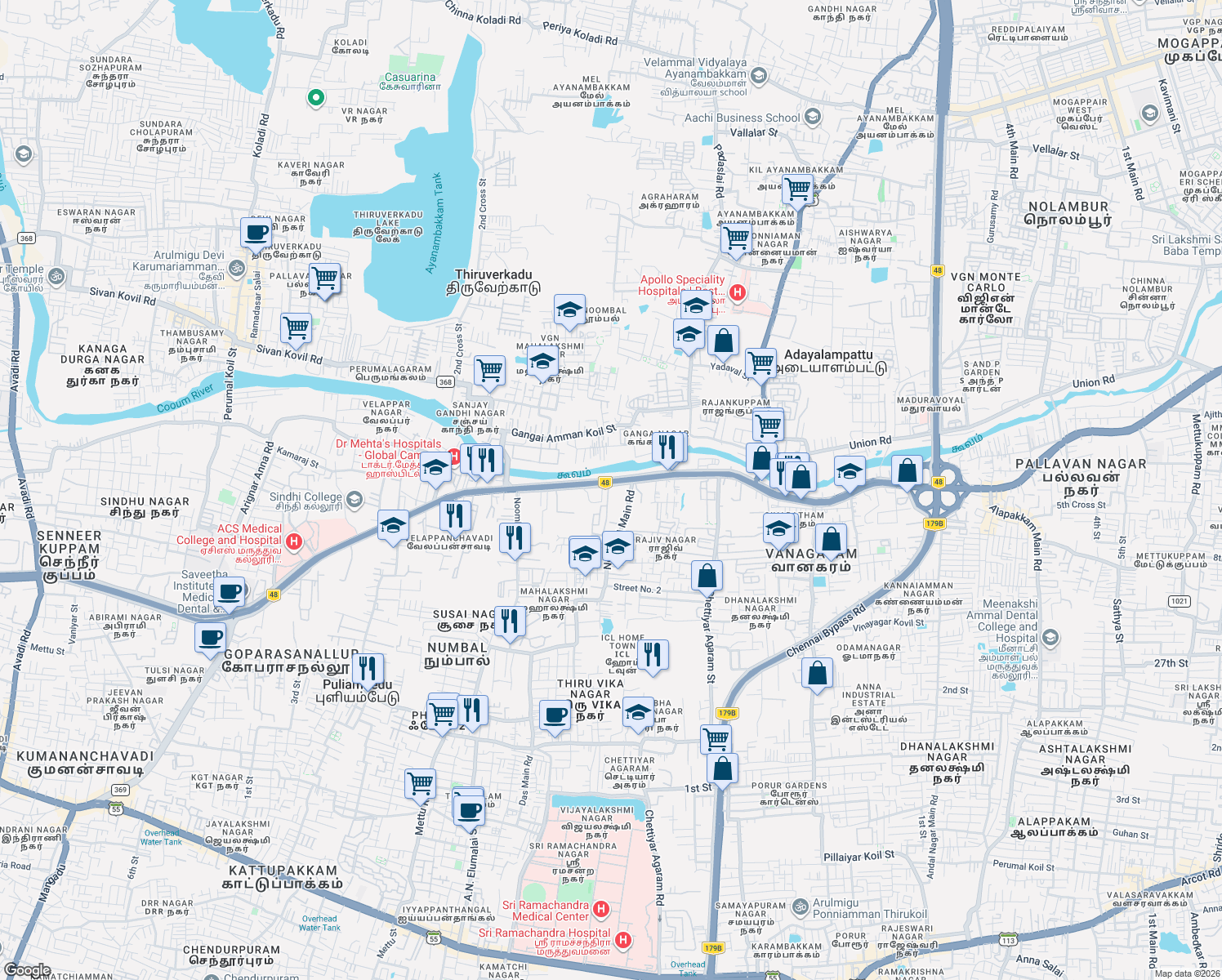 map of restaurants, bars, coffee shops, grocery stores, and more near Poonamallee High Road in Chennai