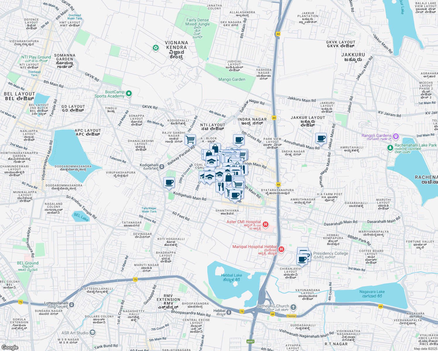 map of restaurants, bars, coffee shops, grocery stores, and more near Yelahanka Road in Bengaluru