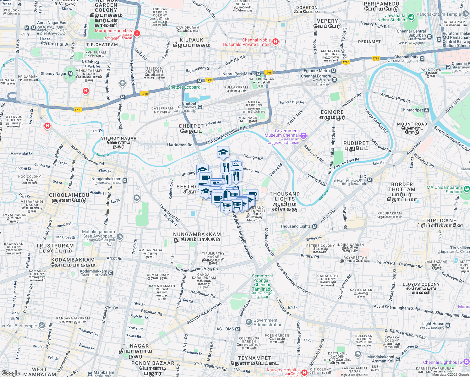 map of restaurants, bars, coffee shops, grocery stores, and more near 1 Haddows Road in Chennai