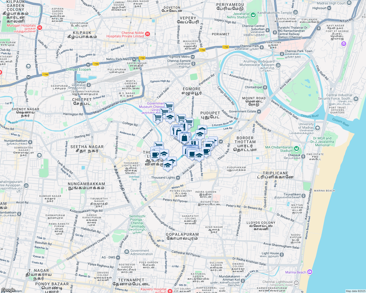 map of restaurants, bars, coffee shops, grocery stores, and more near 72/26/A Crescent Salai Road in Chennai