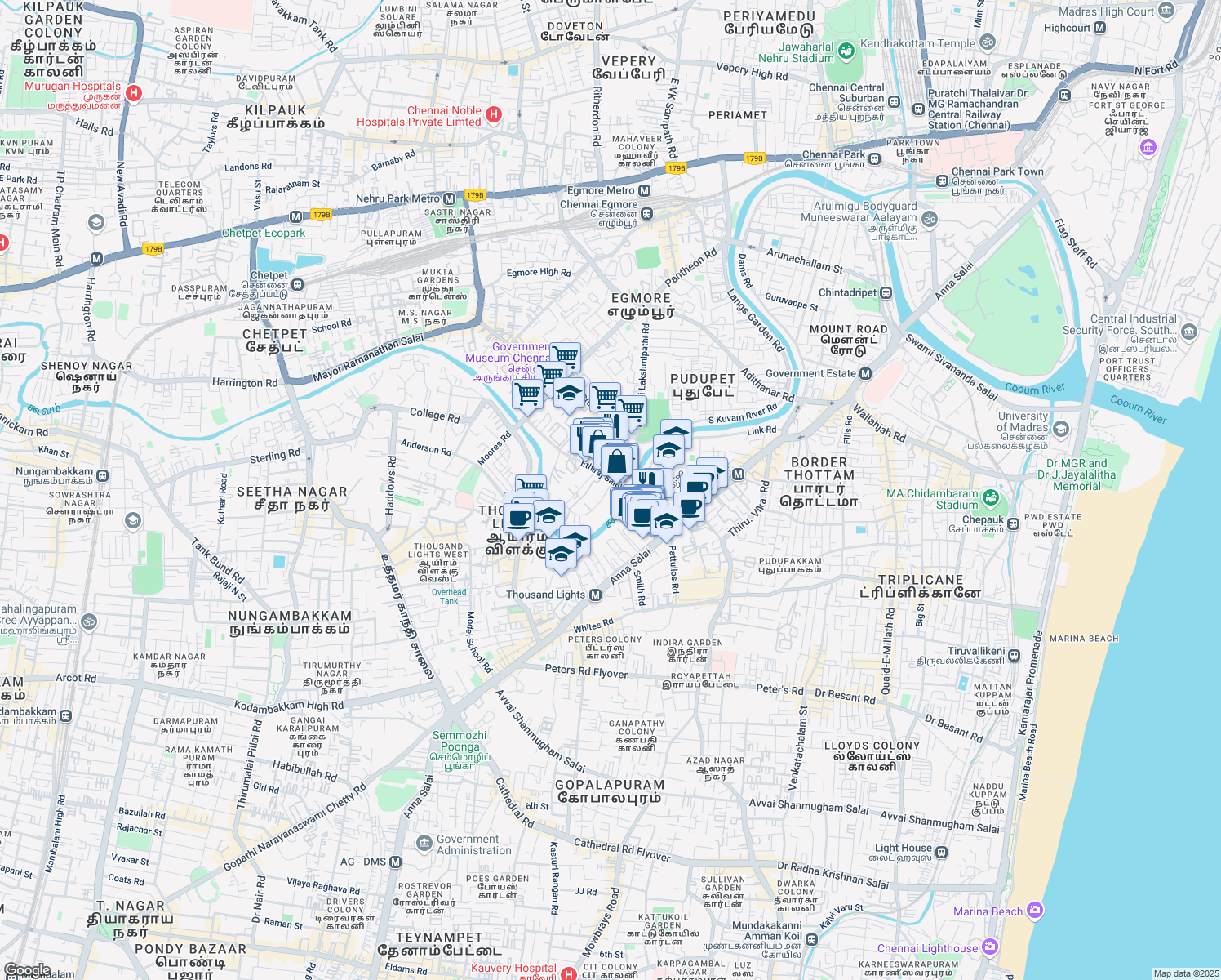 map of restaurants, bars, coffee shops, grocery stores, and more near 72/26/A Crescent Salai Road in Chennai
