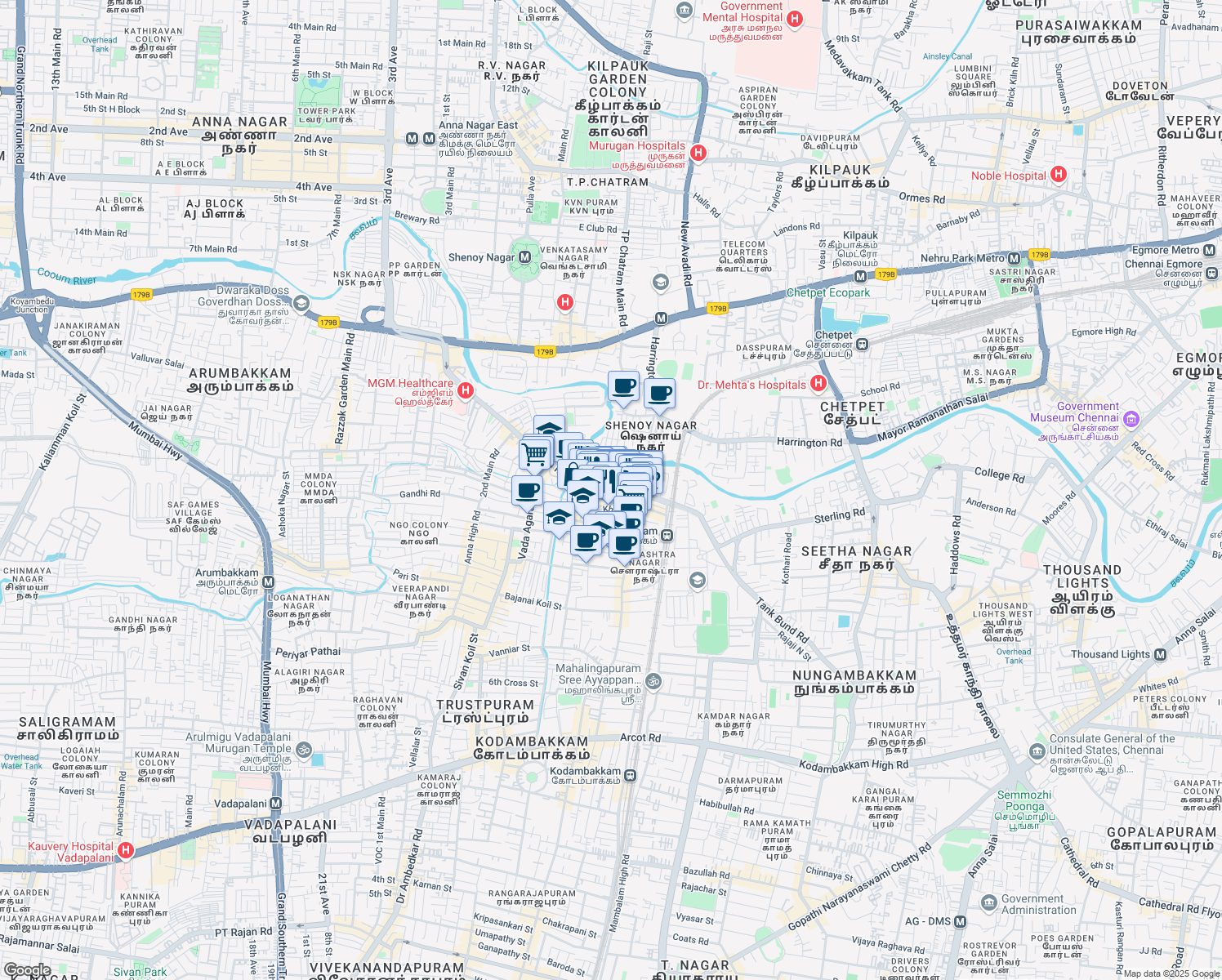 map of restaurants, bars, coffee shops, grocery stores, and more near 72 Nelson Manickam Road in Chennai
