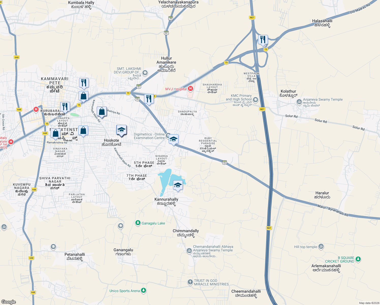 map of restaurants, bars, coffee shops, grocery stores, and more near 2 Hoskote Malur Road in Hoskote
