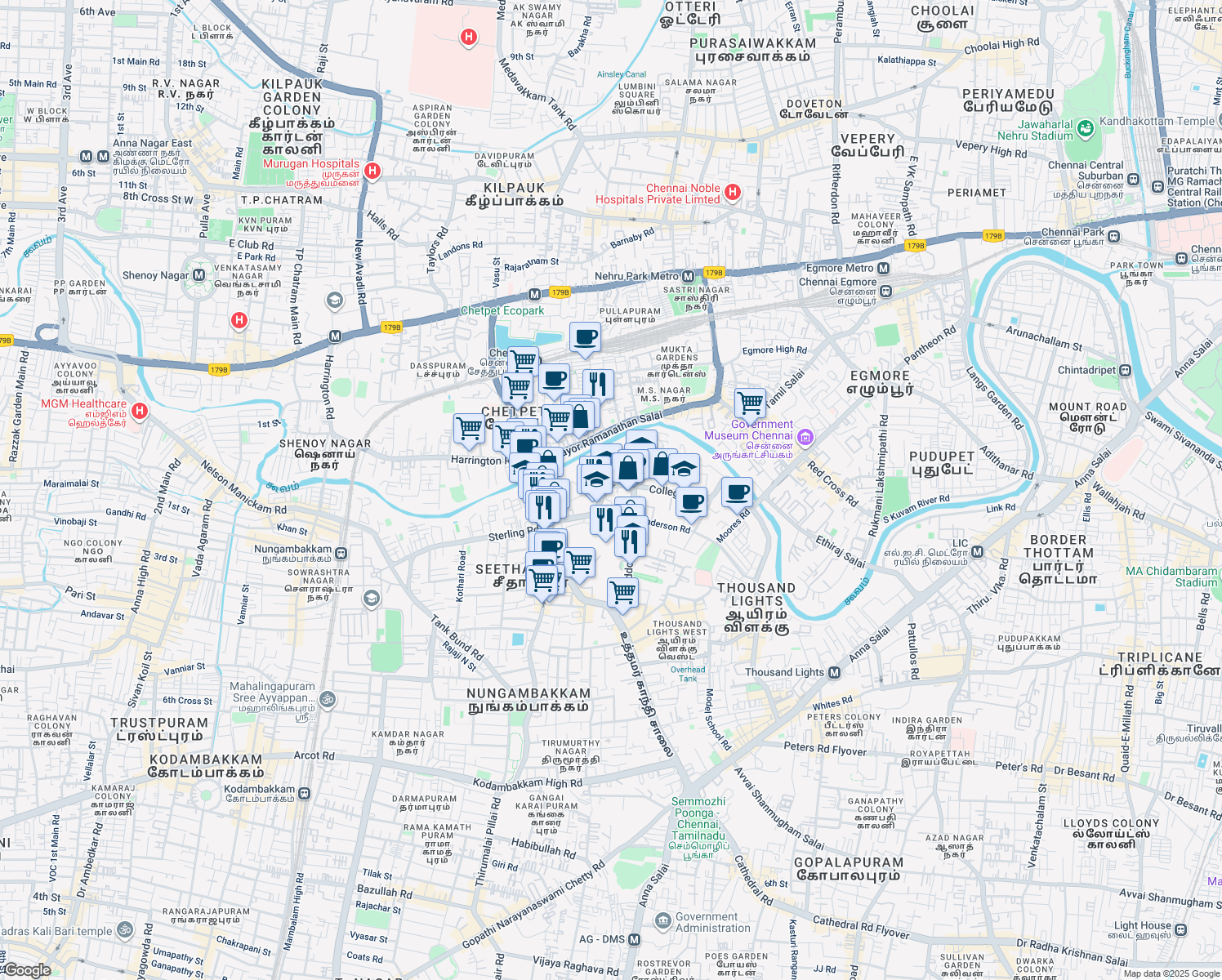map of restaurants, bars, coffee shops, grocery stores, and more near 25/26 College Road in Chennai