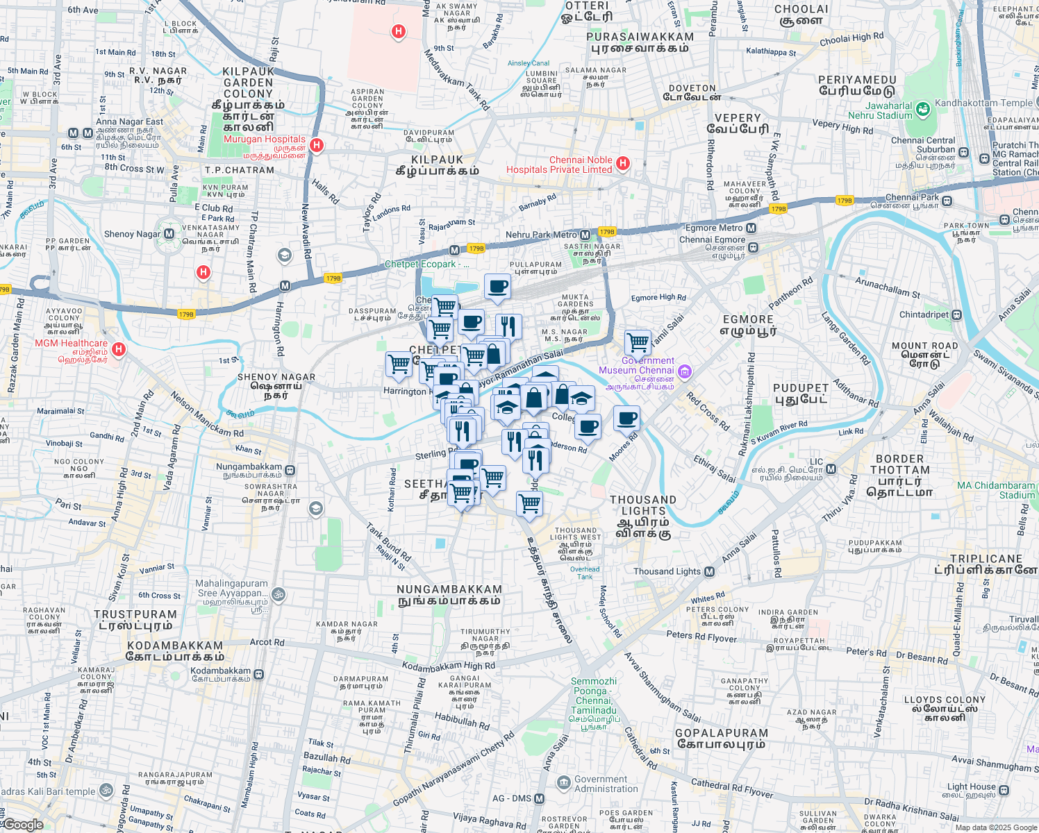 map of restaurants, bars, coffee shops, grocery stores, and more near 25/26 College Road in Chennai