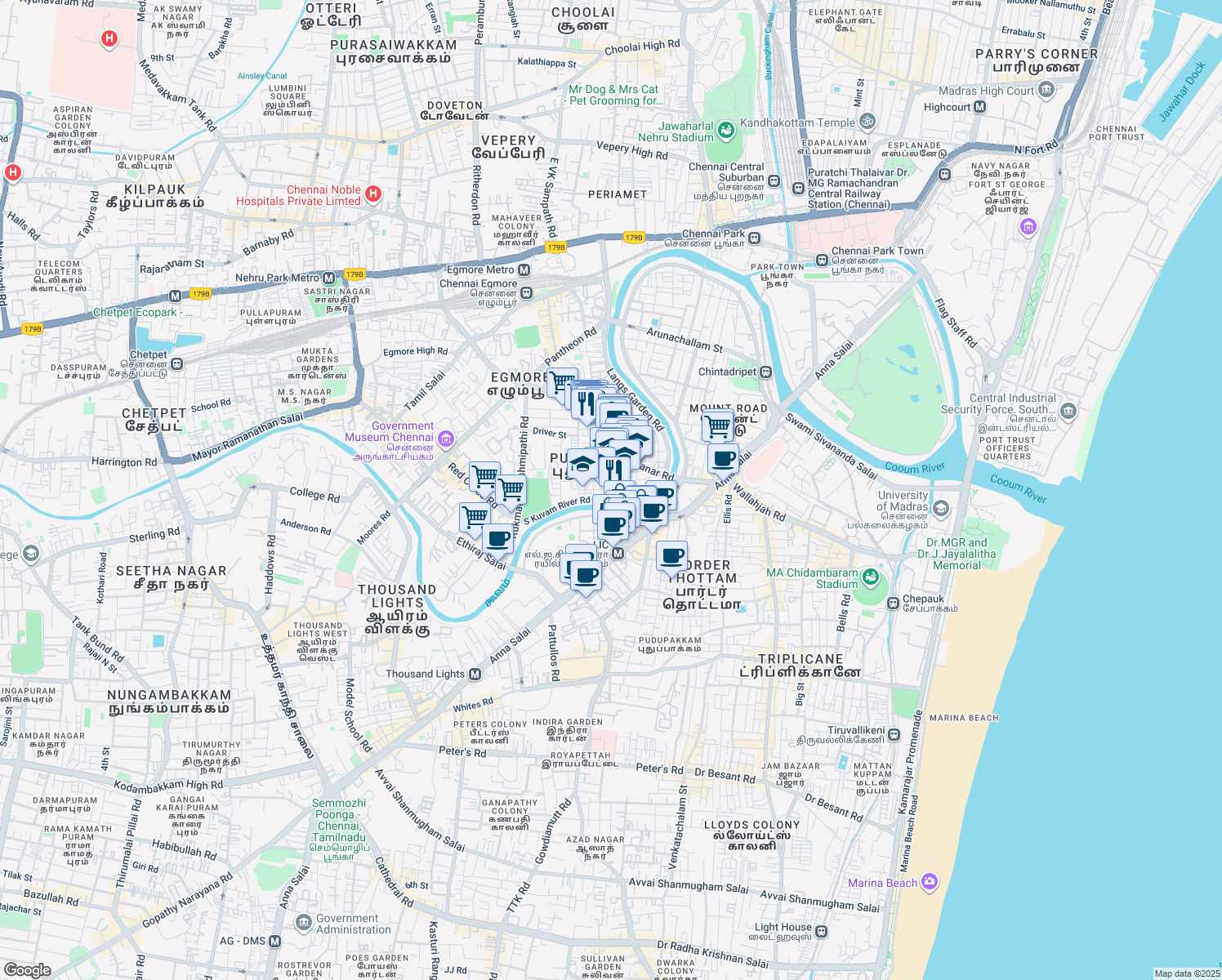 map of restaurants, bars, coffee shops, grocery stores, and more near Syful Mulk Nawab Street in Chennai