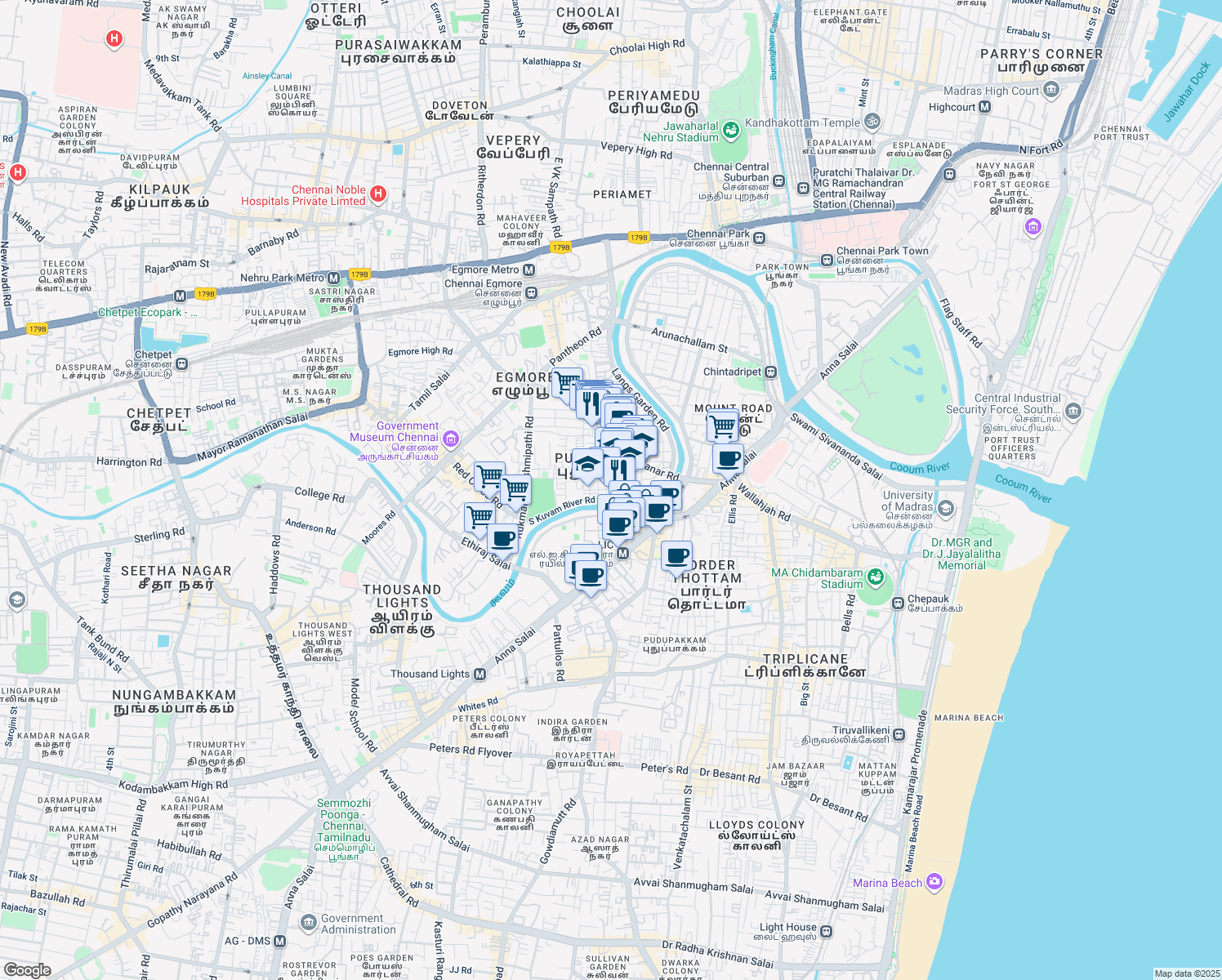 map of restaurants, bars, coffee shops, grocery stores, and more near Syful Mulk Nawab Street in Chennai