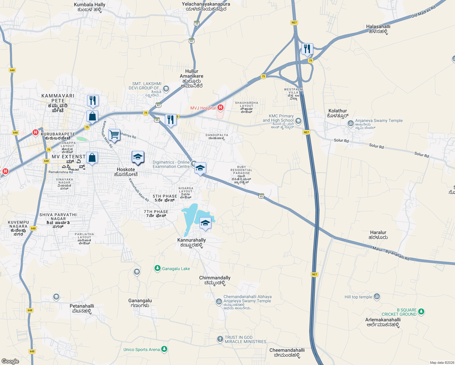 map of restaurants, bars, coffee shops, grocery stores, and more near 2 Hoskote Malur Road in Hoskote