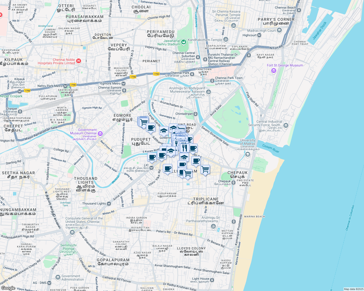 map of restaurants, bars, coffee shops, grocery stores, and more near 748 Anna Salai in Chennai