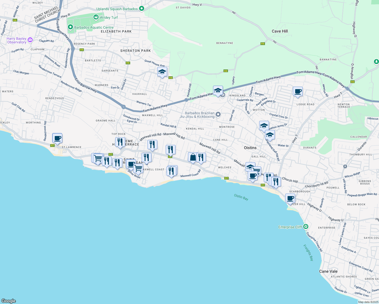 map of restaurants, bars, coffee shops, grocery stores, and more near Moravian Gardens in Oistins