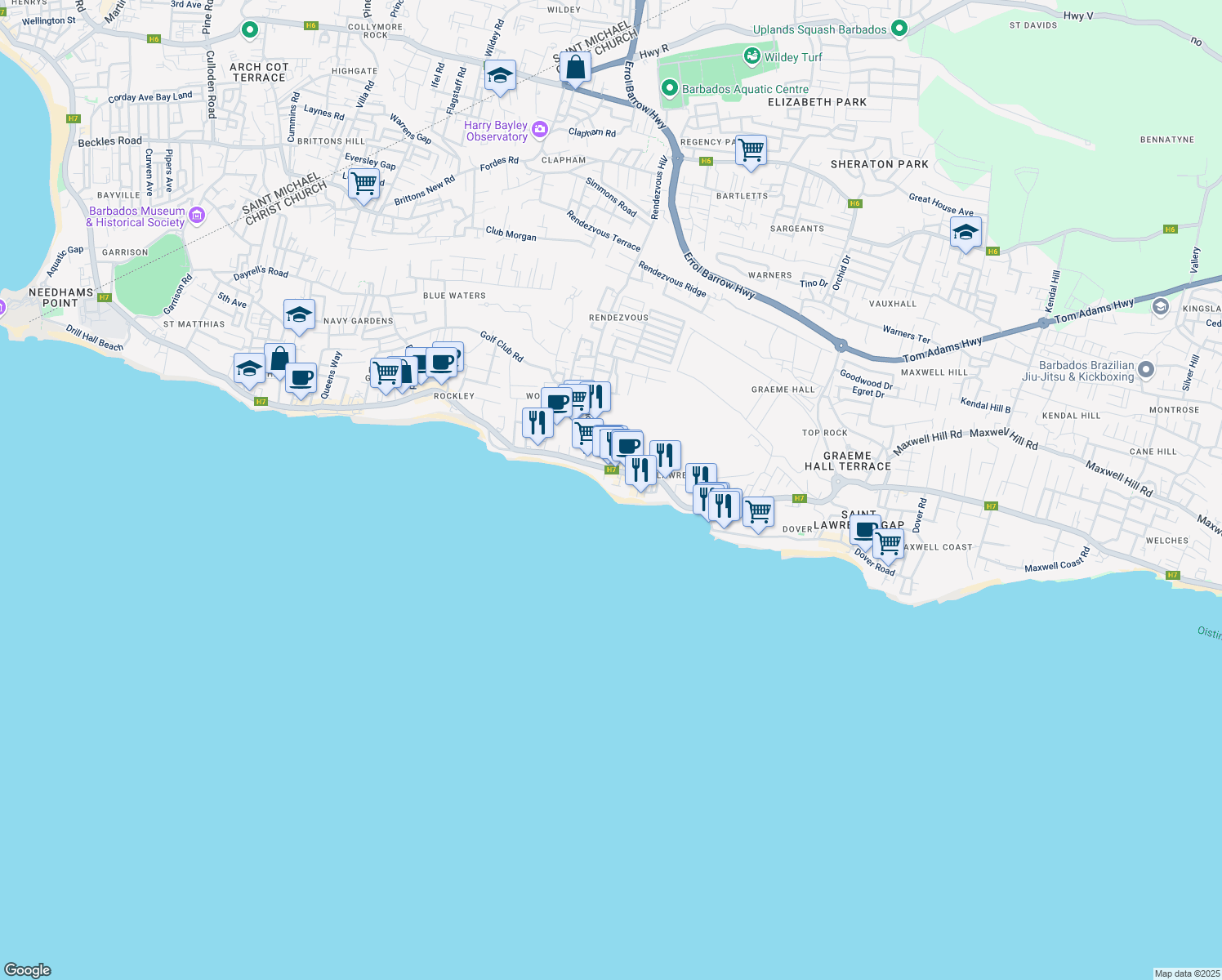 map of restaurants, bars, coffee shops, grocery stores, and more near in Bridgetown
