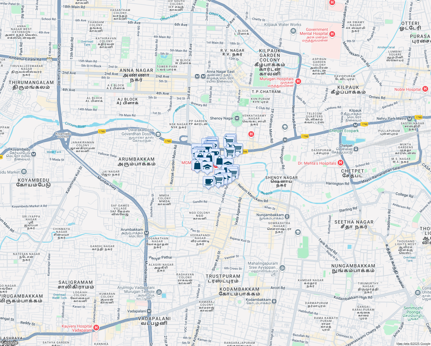 map of restaurants, bars, coffee shops, grocery stores, and more near 72 Nelson Manickam Road in Chennai