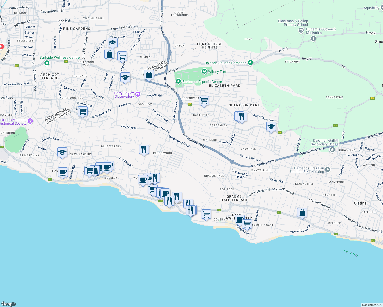 map of restaurants, bars, coffee shops, grocery stores, and more near in Bridgetown