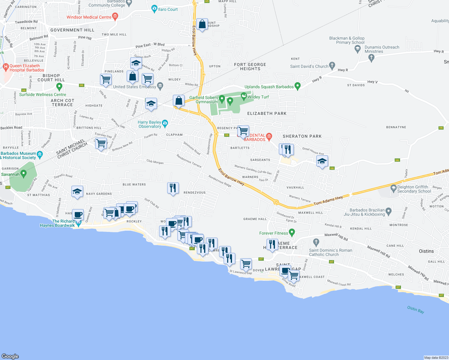 map of restaurants, bars, coffee shops, grocery stores, and more near in Bridgetown