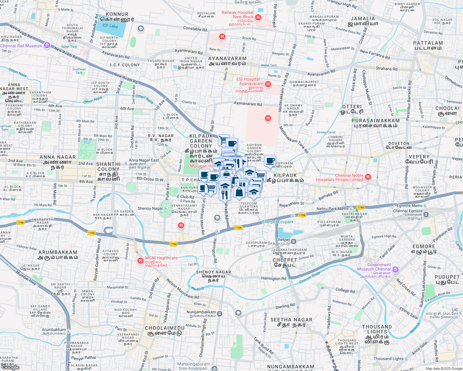 map of restaurants, bars, coffee shops, grocery stores, and more near Halls Road in Chennai