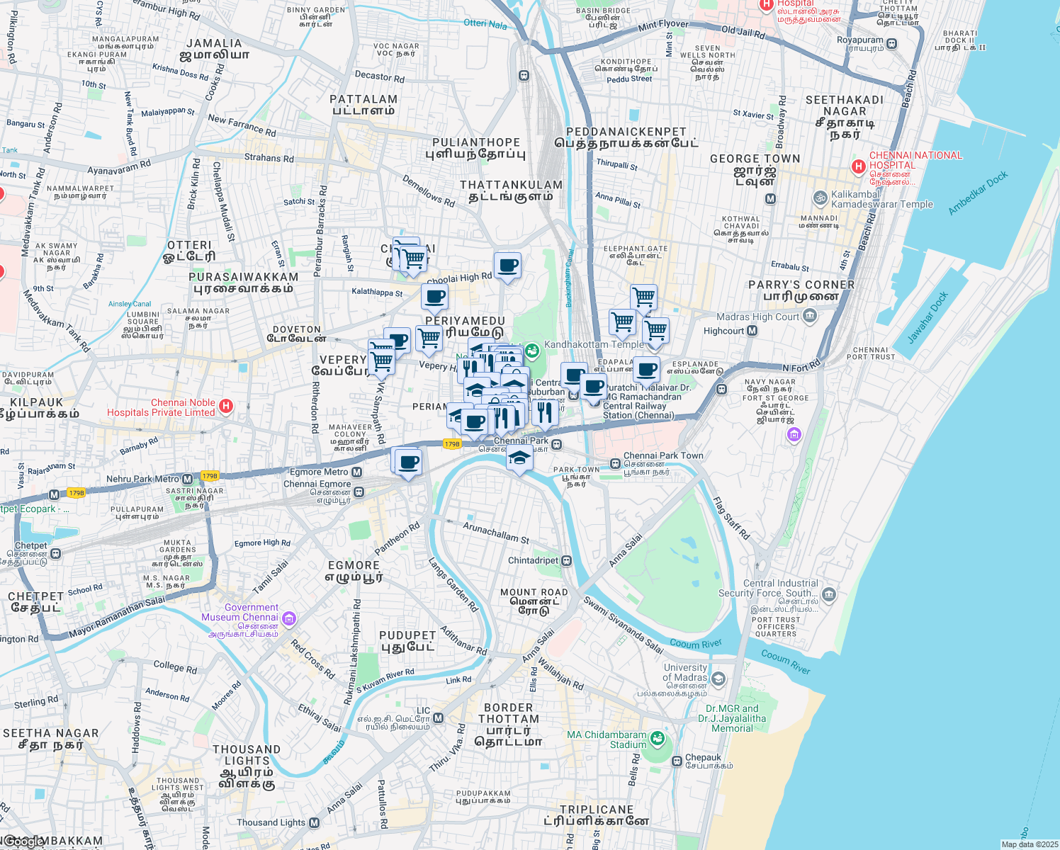 map of restaurants, bars, coffee shops, grocery stores, and more near 53 Raja Muthiah Road in Chennai