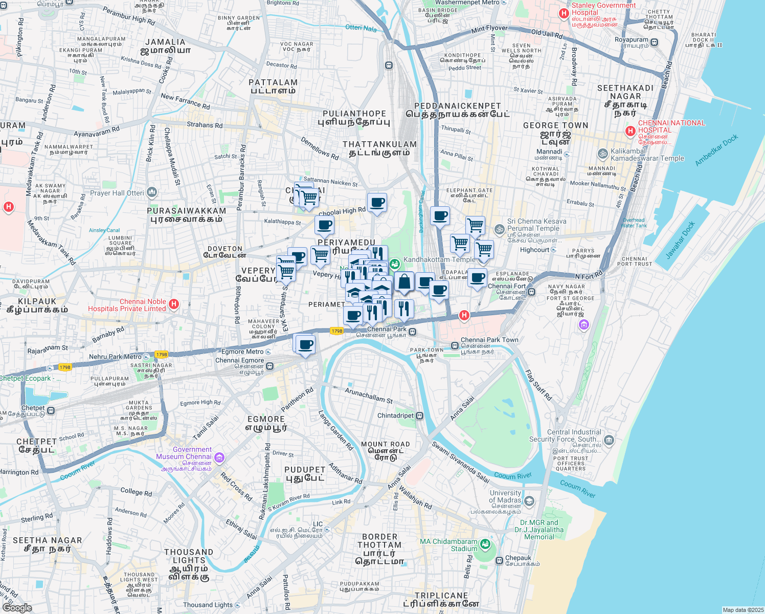 map of restaurants, bars, coffee shops, grocery stores, and more near in Chennai