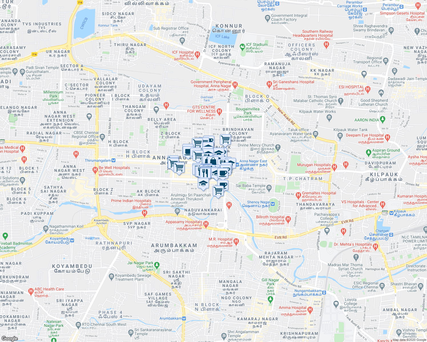 map of restaurants, bars, coffee shops, grocery stores, and more near in Chennai