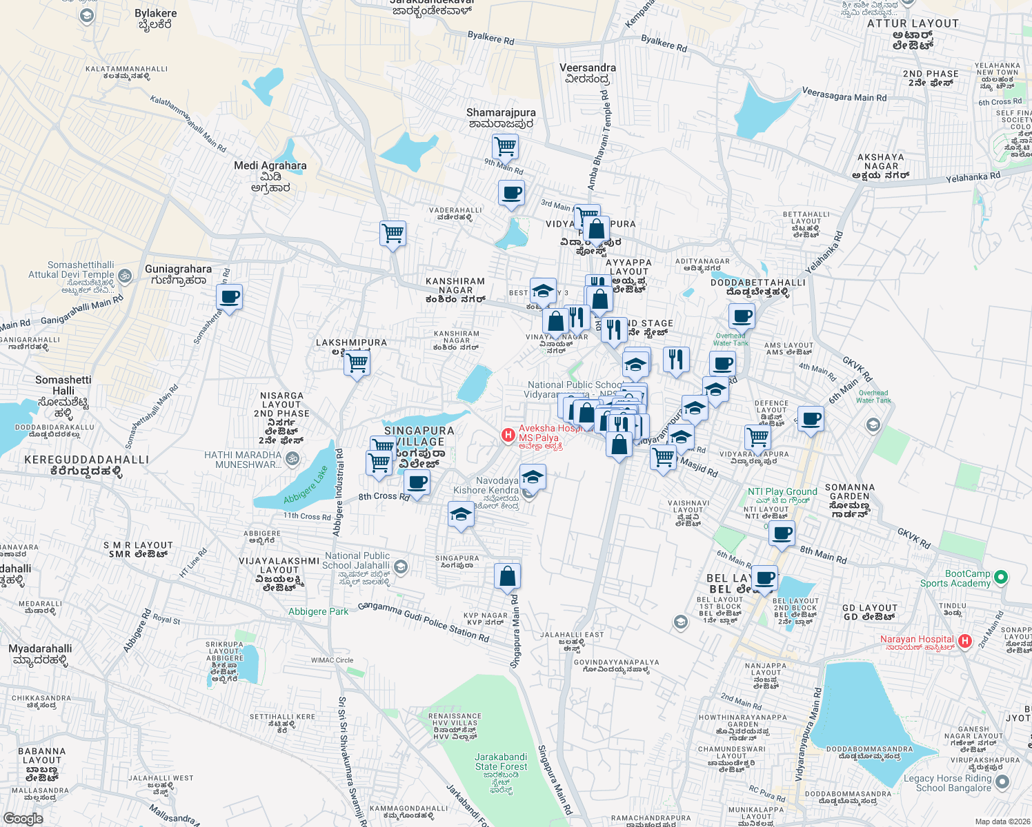 map of restaurants, bars, coffee shops, grocery stores, and more near 3rd Main Road in Bengaluru