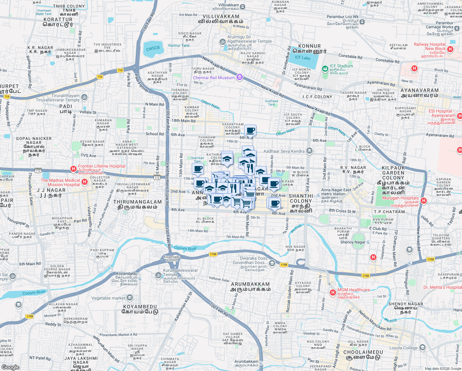map of restaurants, bars, coffee shops, grocery stores, and more near 57 2nd Street in Chennai