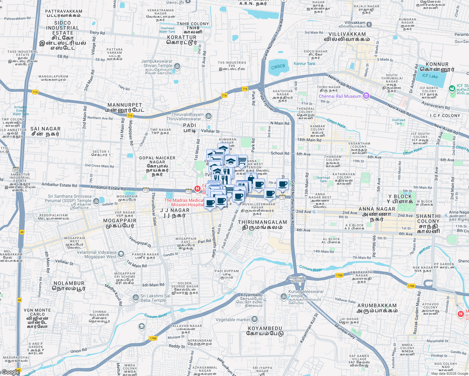 map of restaurants, bars, coffee shops, grocery stores, and more near Radial House 1st Road in Chennai