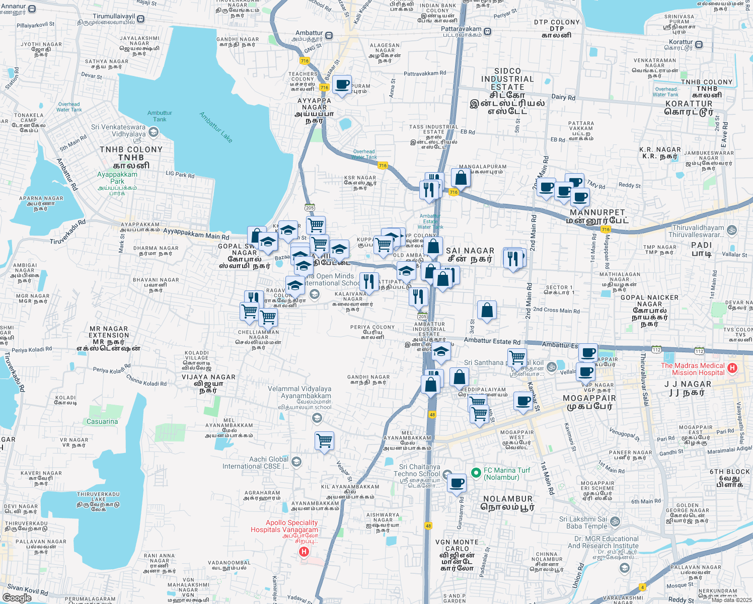 map of restaurants, bars, coffee shops, grocery stores, and more near in Chennai
