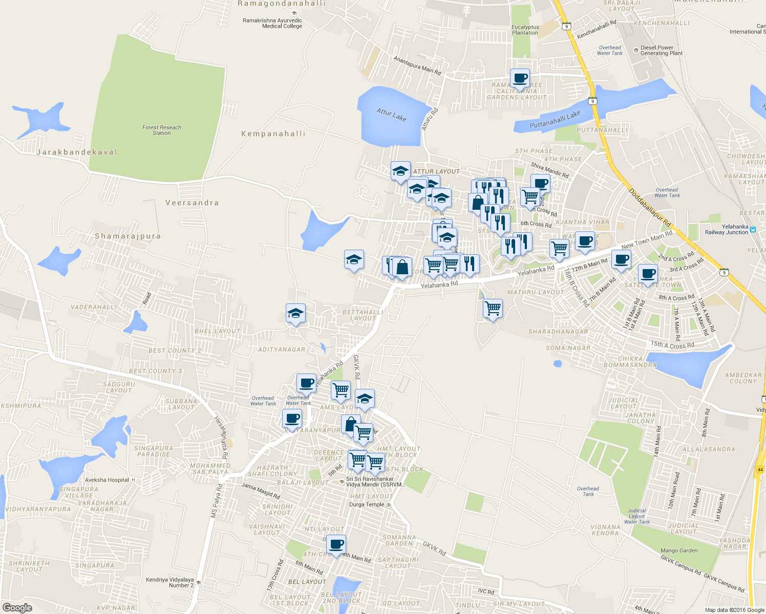 map of restaurants, bars, coffee shops, grocery stores, and more near Yelahanka Road in Bengaluru