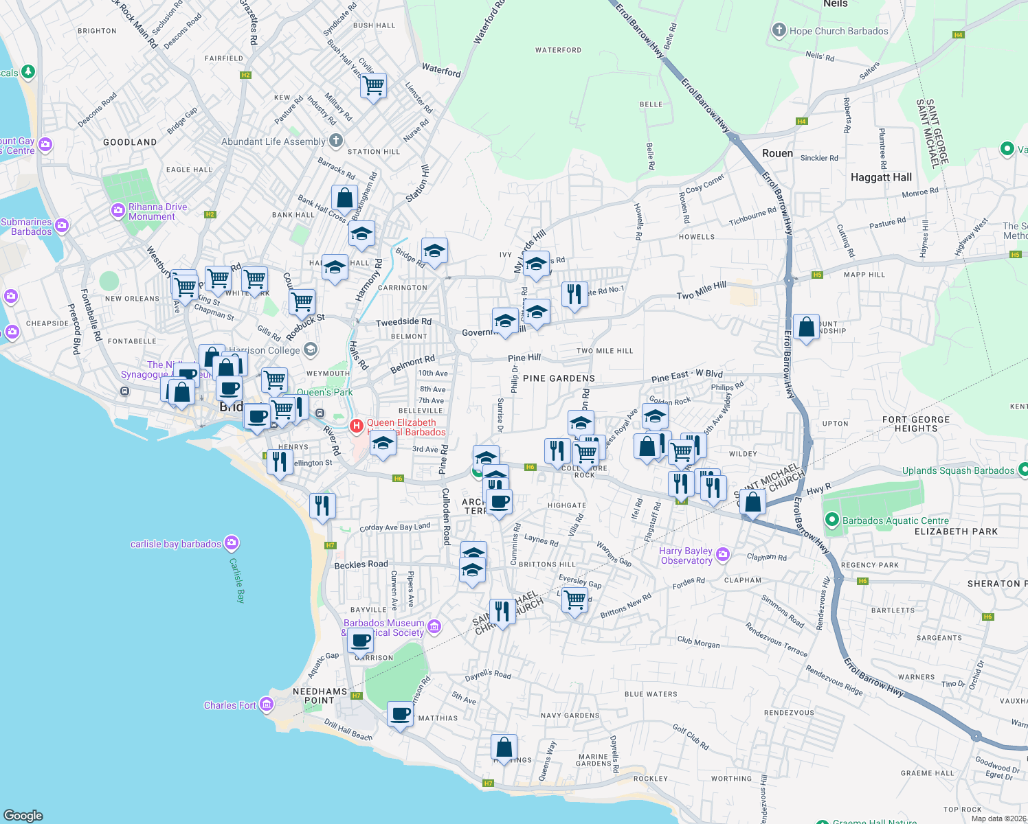 map of restaurants, bars, coffee shops, grocery stores, and more near in Bridgetown