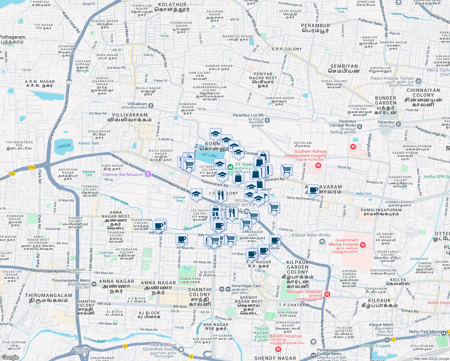 map of restaurants, bars, coffee shops, grocery stores, and more near in Chennai