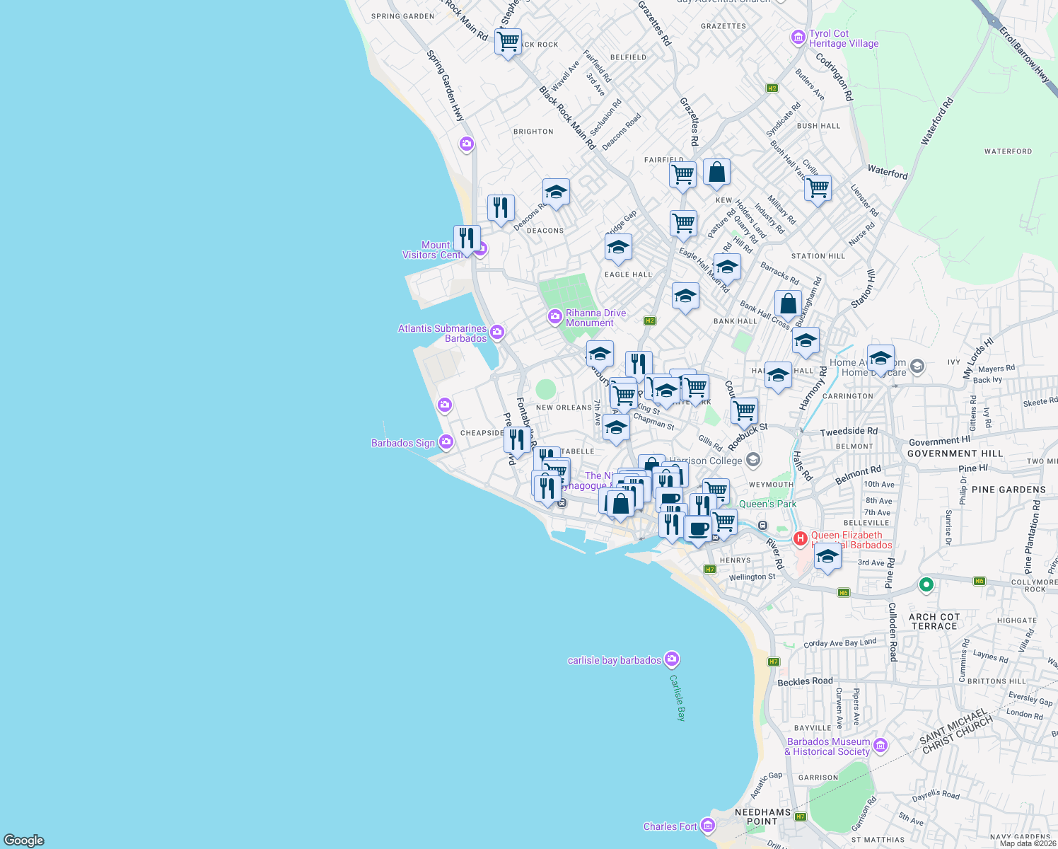 map of restaurants, bars, coffee shops, grocery stores, and more near Fontabelle Road in Bridgetown