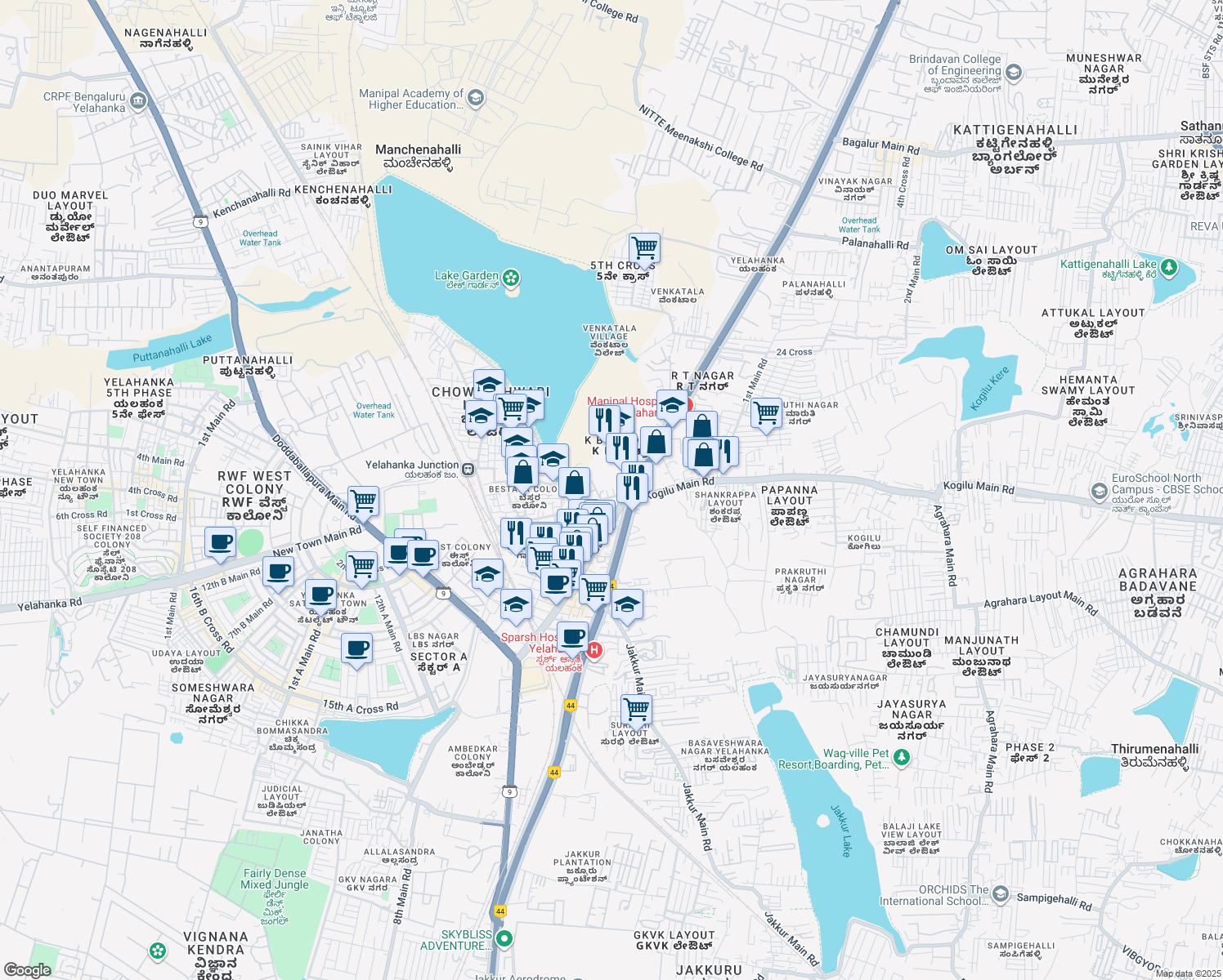 map of restaurants, bars, coffee shops, grocery stores, and more near Bangalore-Hyderabad Highway in Bengaluru
