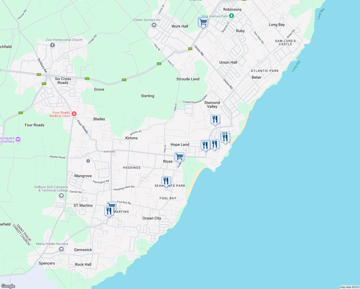 map of restaurants, bars, coffee shops, grocery stores, and more near in Hope Land