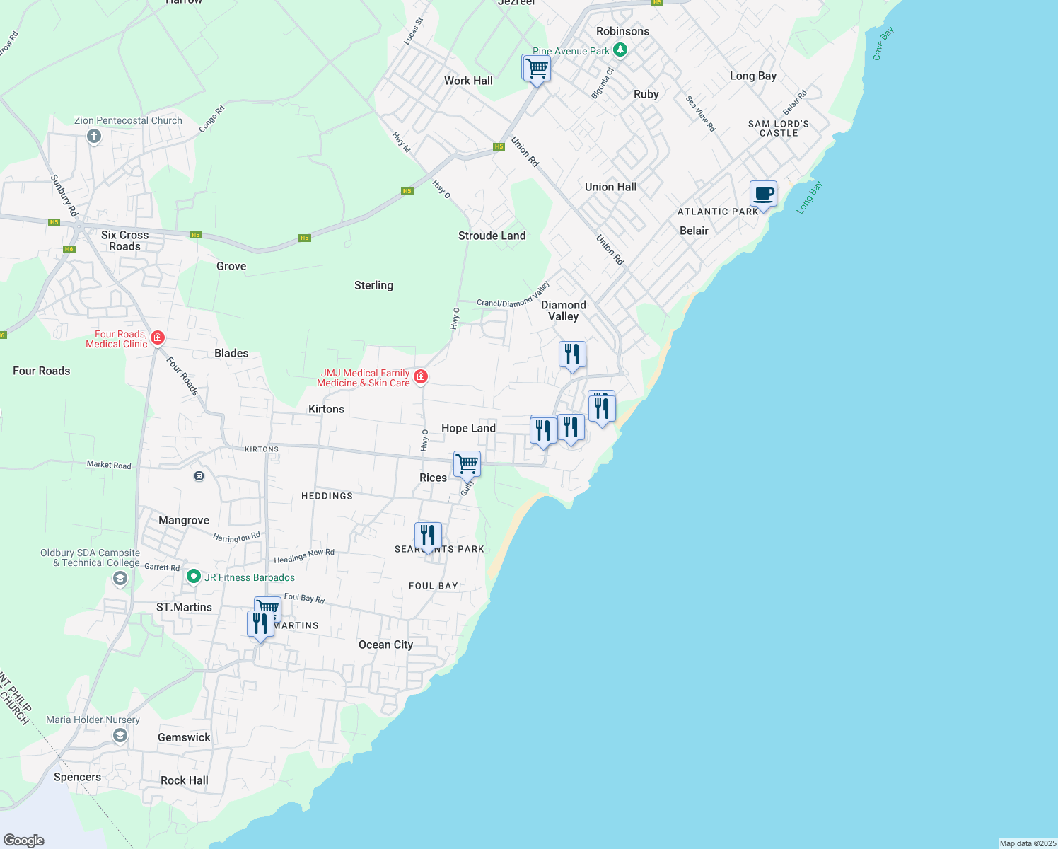 map of restaurants, bars, coffee shops, grocery stores, and more near in Hope Land