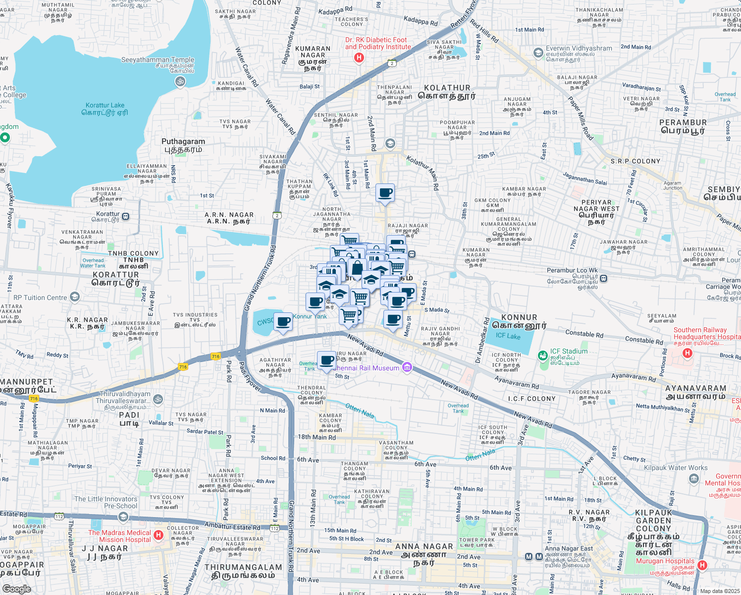 map of restaurants, bars, coffee shops, grocery stores, and more near Perari Lane in Chennai
