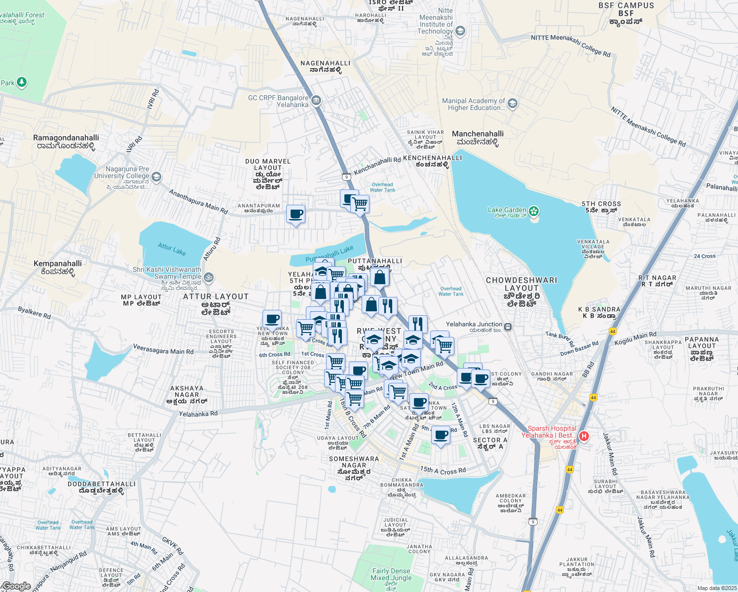map of restaurants, bars, coffee shops, grocery stores, and more near 1st Main Road in Bengaluru