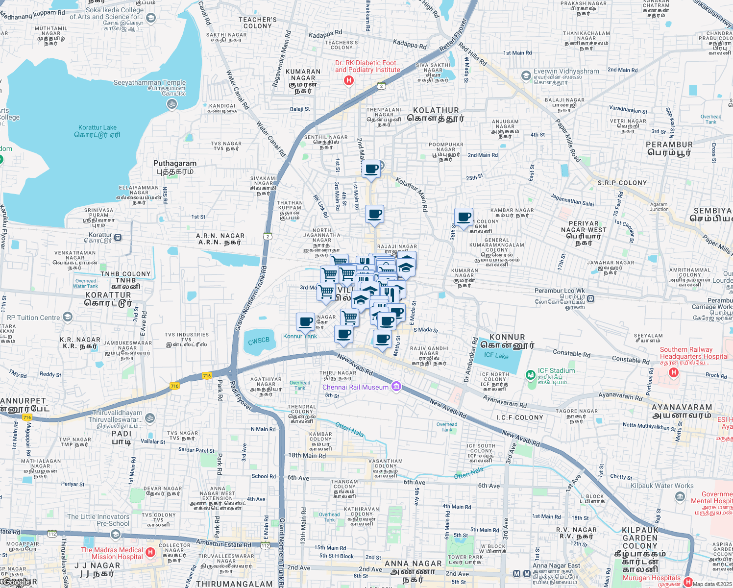 map of restaurants, bars, coffee shops, grocery stores, and more near Perari Lane in Chennai