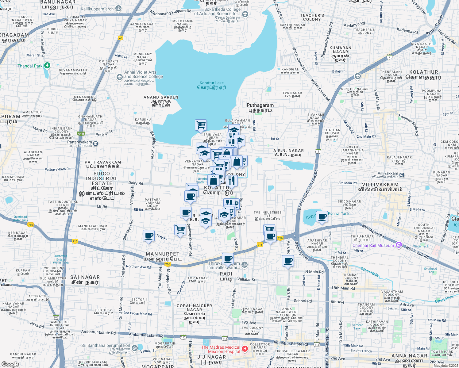 map of restaurants, bars, coffee shops, grocery stores, and more near 30th Street in Chennai