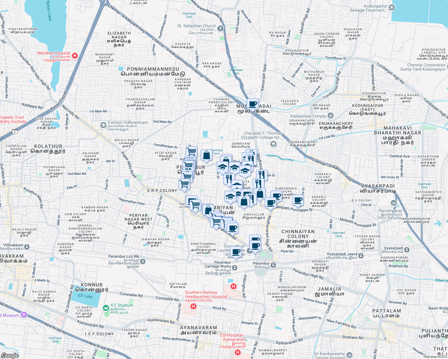 map of restaurants, bars, coffee shops, grocery stores, and more near 15/6 South 1st Street in Chennai