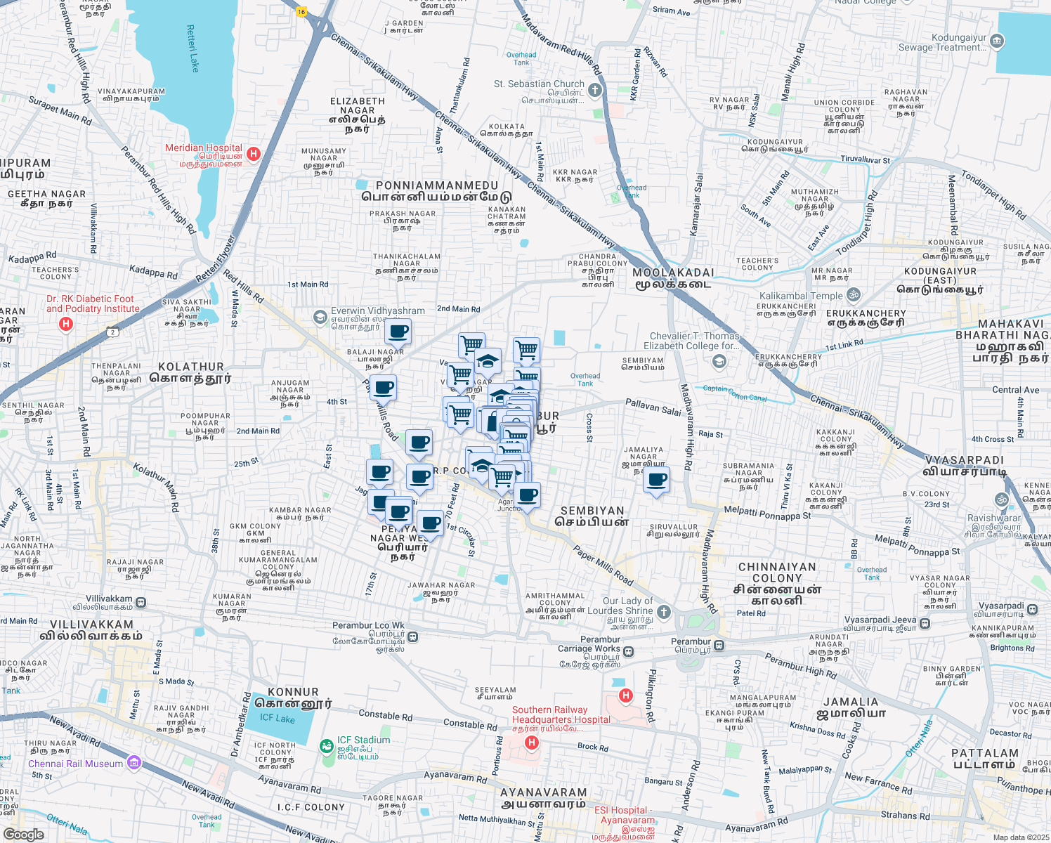 map of restaurants, bars, coffee shops, grocery stores, and more near 15/6 South 1st Street in Chennai