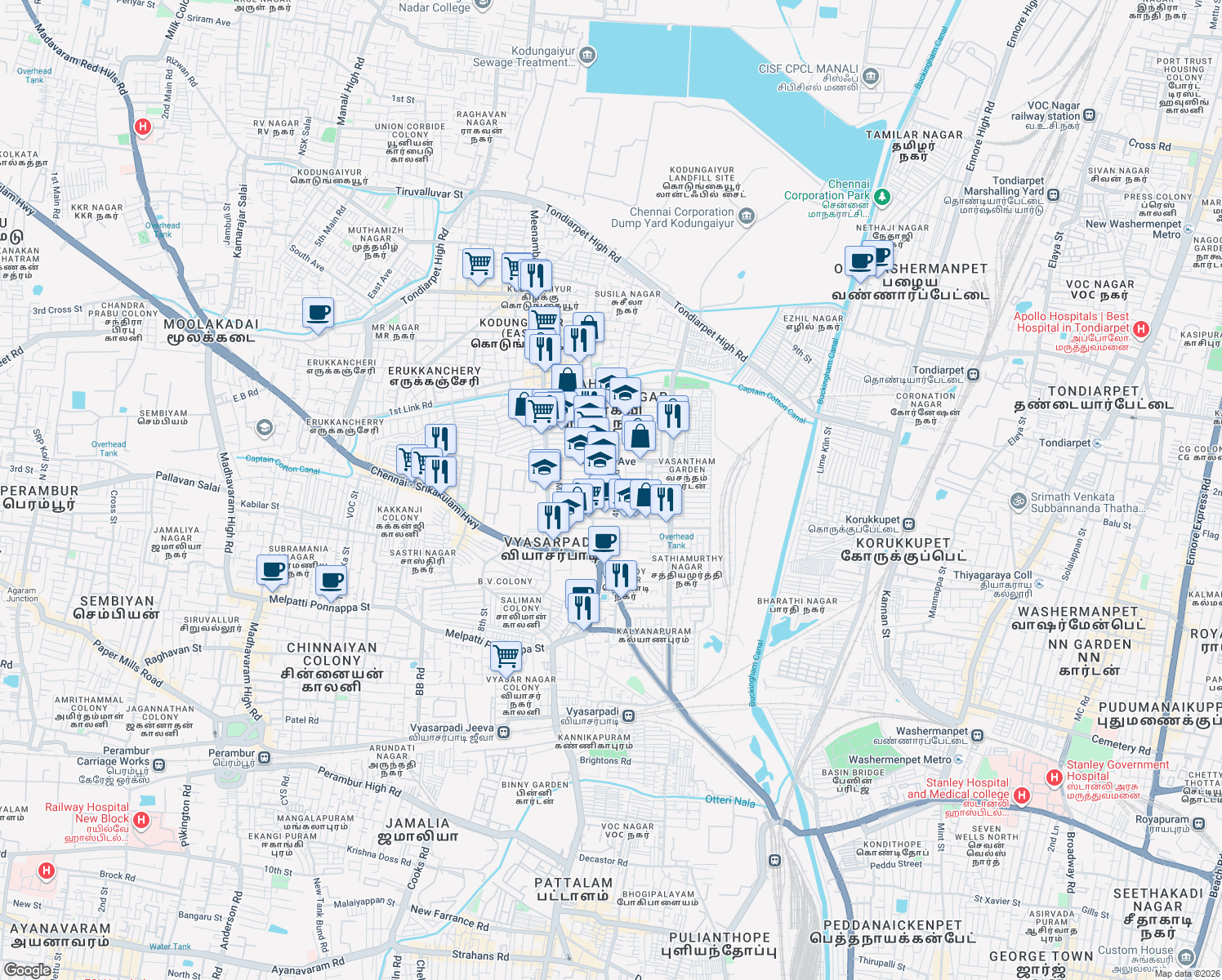 map of restaurants, bars, coffee shops, grocery stores, and more near 4th Main Road in Chennai