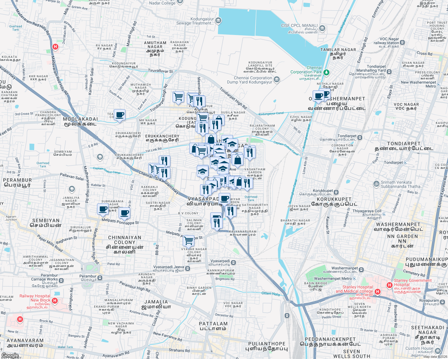 map of restaurants, bars, coffee shops, grocery stores, and more near 6th Cross Road in Chennai