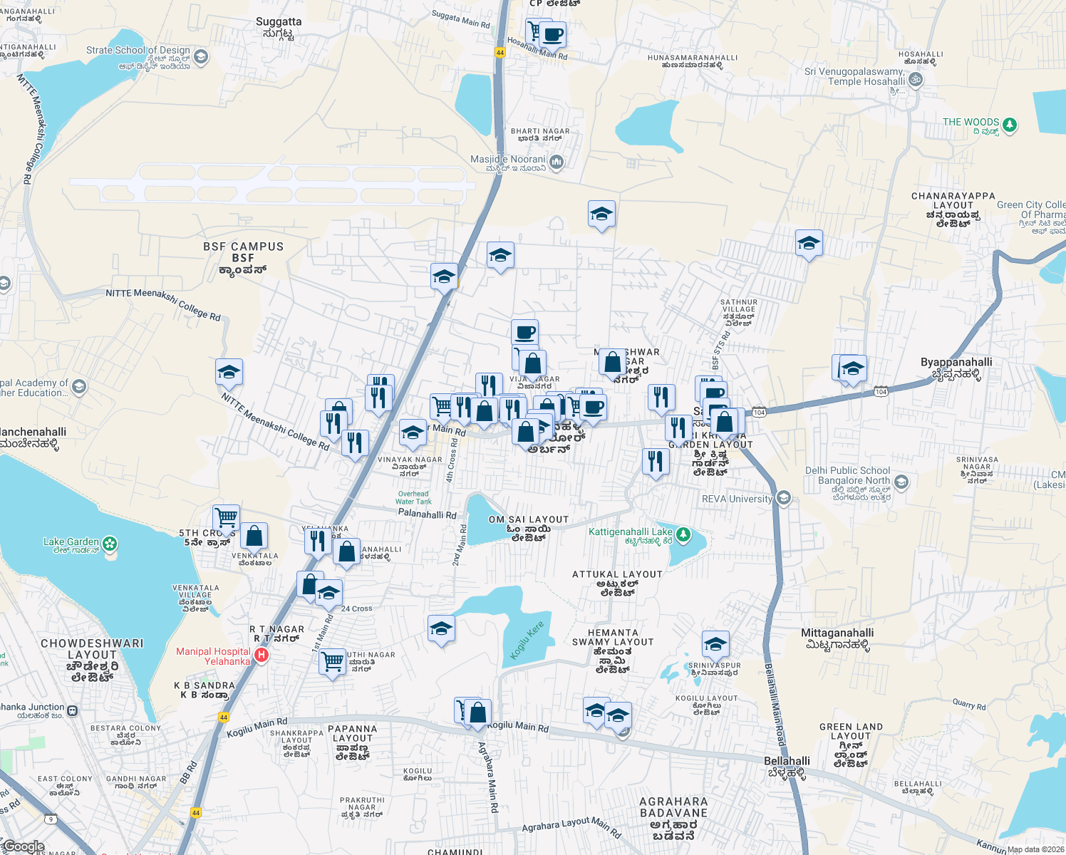 map of restaurants, bars, coffee shops, grocery stores, and more near Bagalur Main Road in Bengaluru