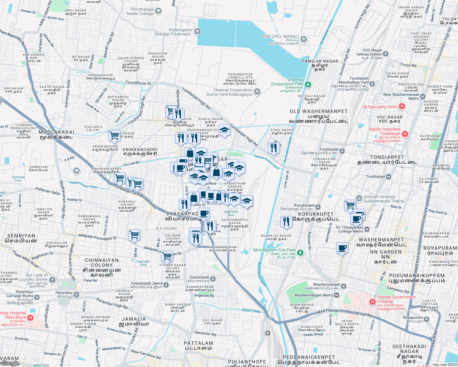 map of restaurants, bars, coffee shops, grocery stores, and more near East Avenue in Chennai