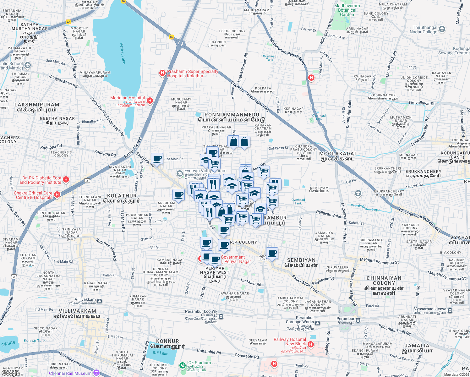 map of restaurants, bars, coffee shops, grocery stores, and more near 14 3rd Main Road in Chennai
